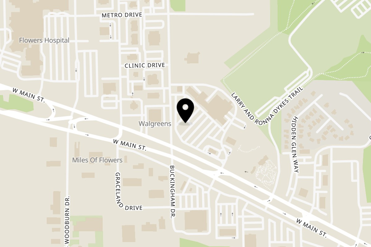 Map showing the location of Fatback's on 3850 W Main St Ste 801 in Dothan